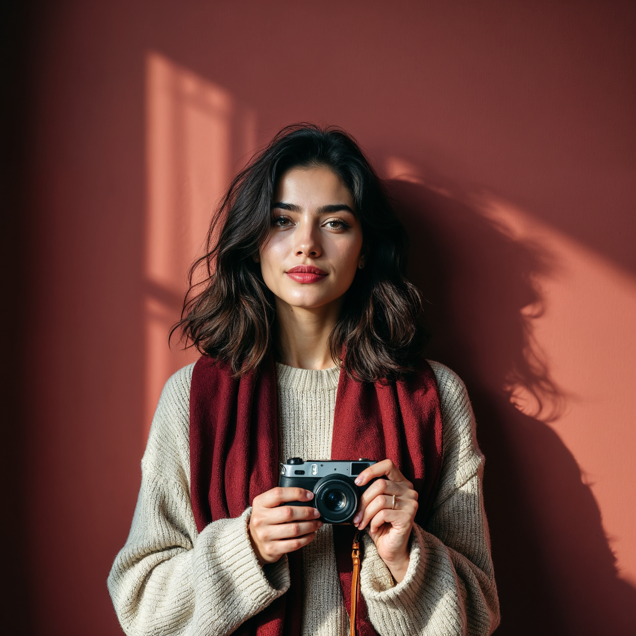 Ece Demir içerik direktörü bordo duvar önünde polaroid kamera ile