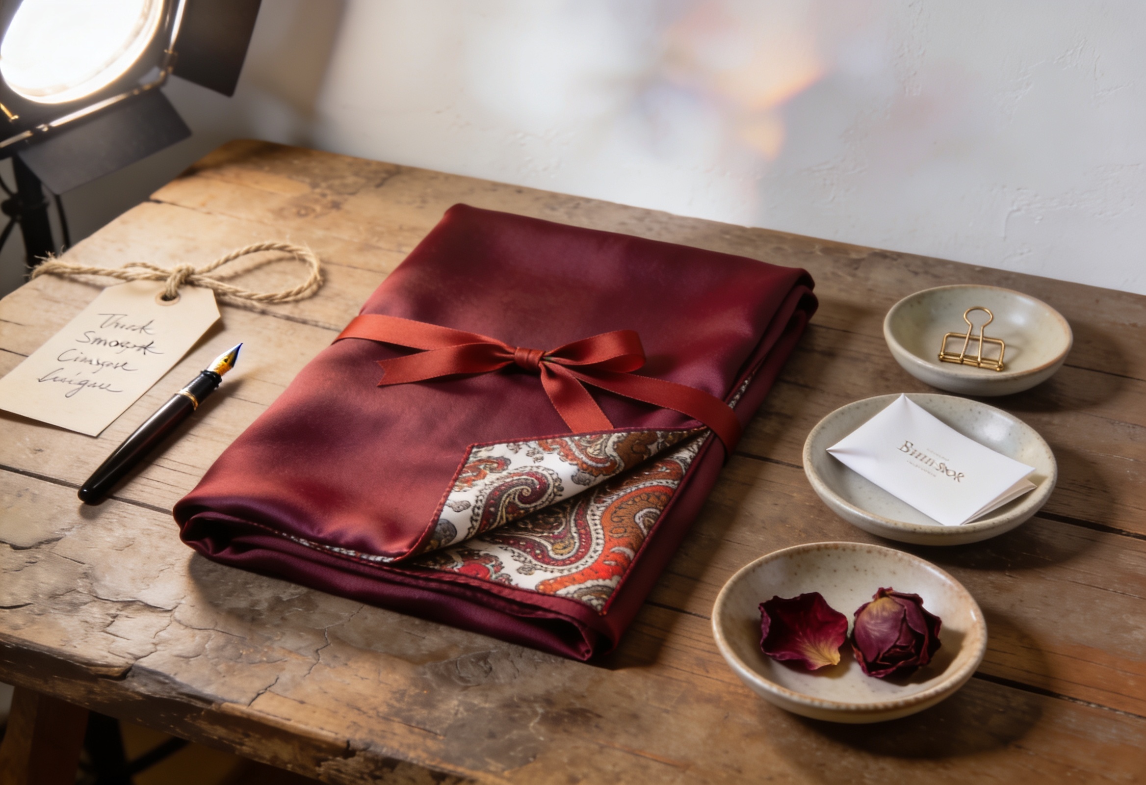 Stone-brown masa üzerinde mahogany ipek eşarp ve seramik tabaklar