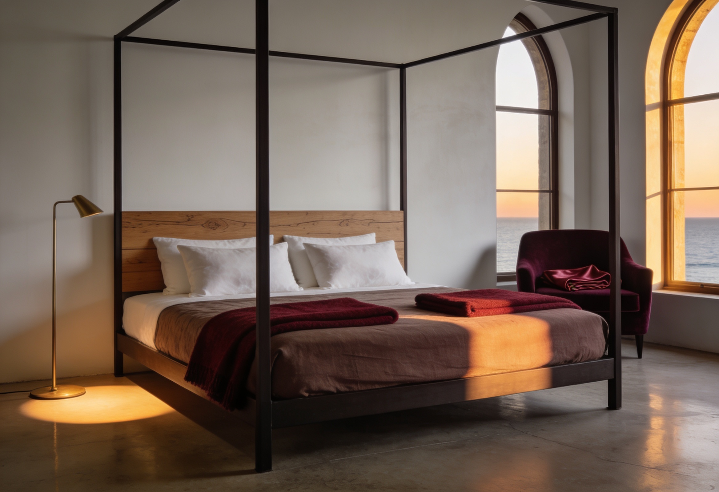 Sahil butik otel süitinde keten yatak ve cinnabar ipek battaniye