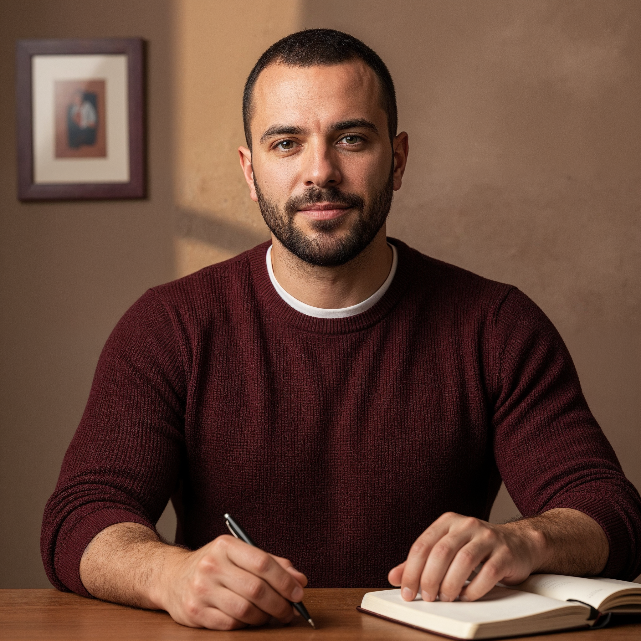 Mert Yıldız performans lideri stone-brown duvar önünde defter başında