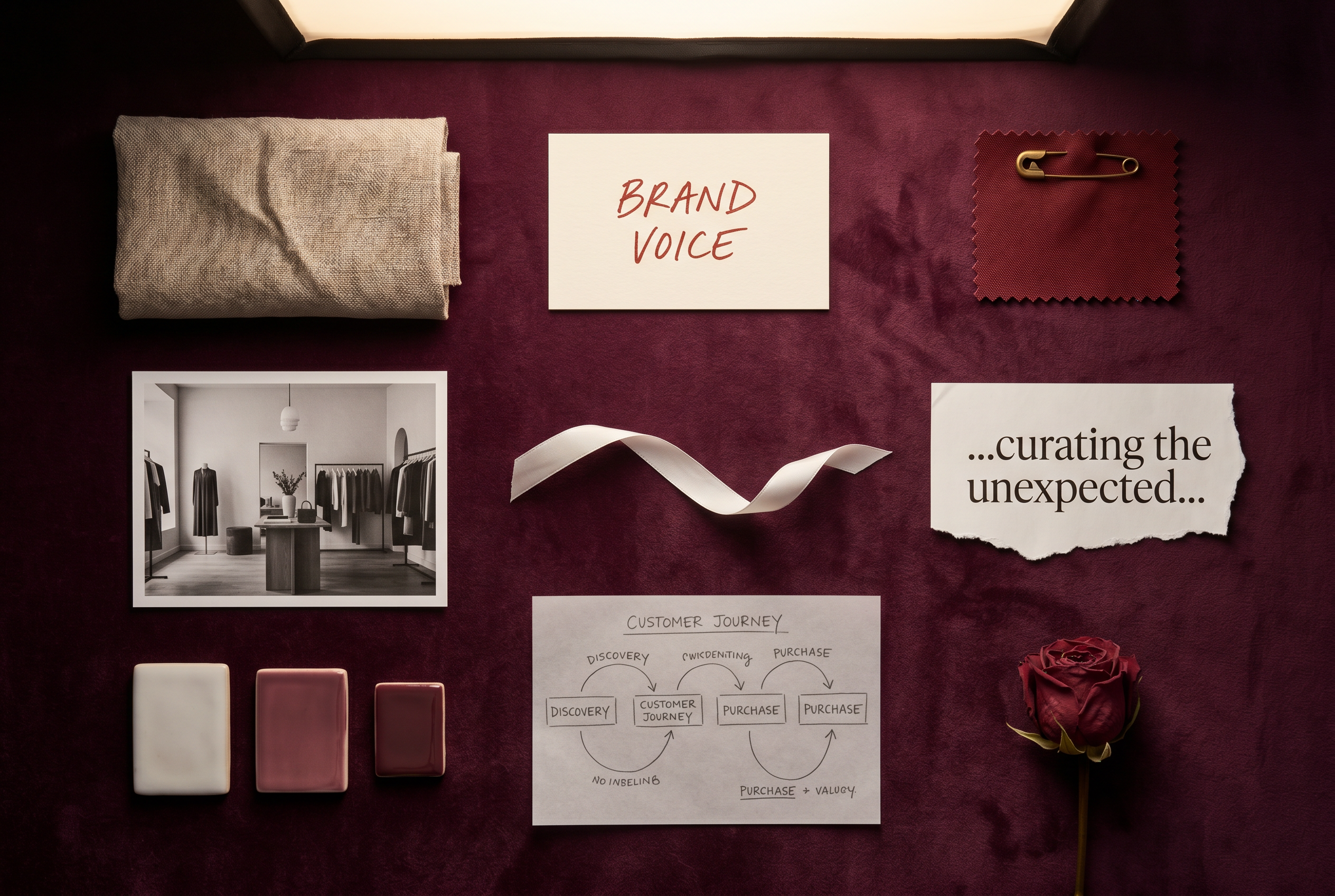 Bordo kadife yüzeyde dokuz parçalı strateji moodboard düzeni