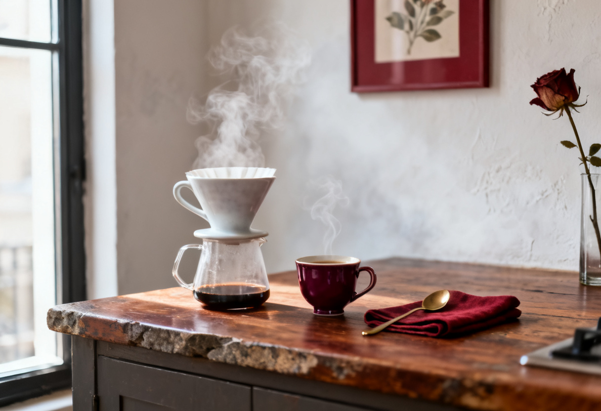 Sabah mutfak tezgahında V60 pour-over dripper ve bordo kahve fincanı