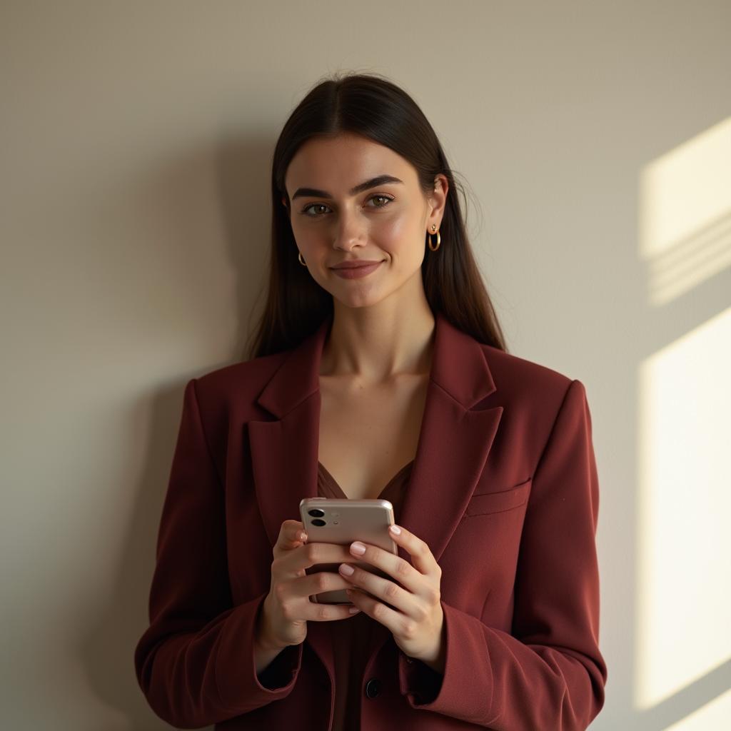 Selin Kaya topluluk yöneticisi beyaz duvar önünde smartphone tutarken