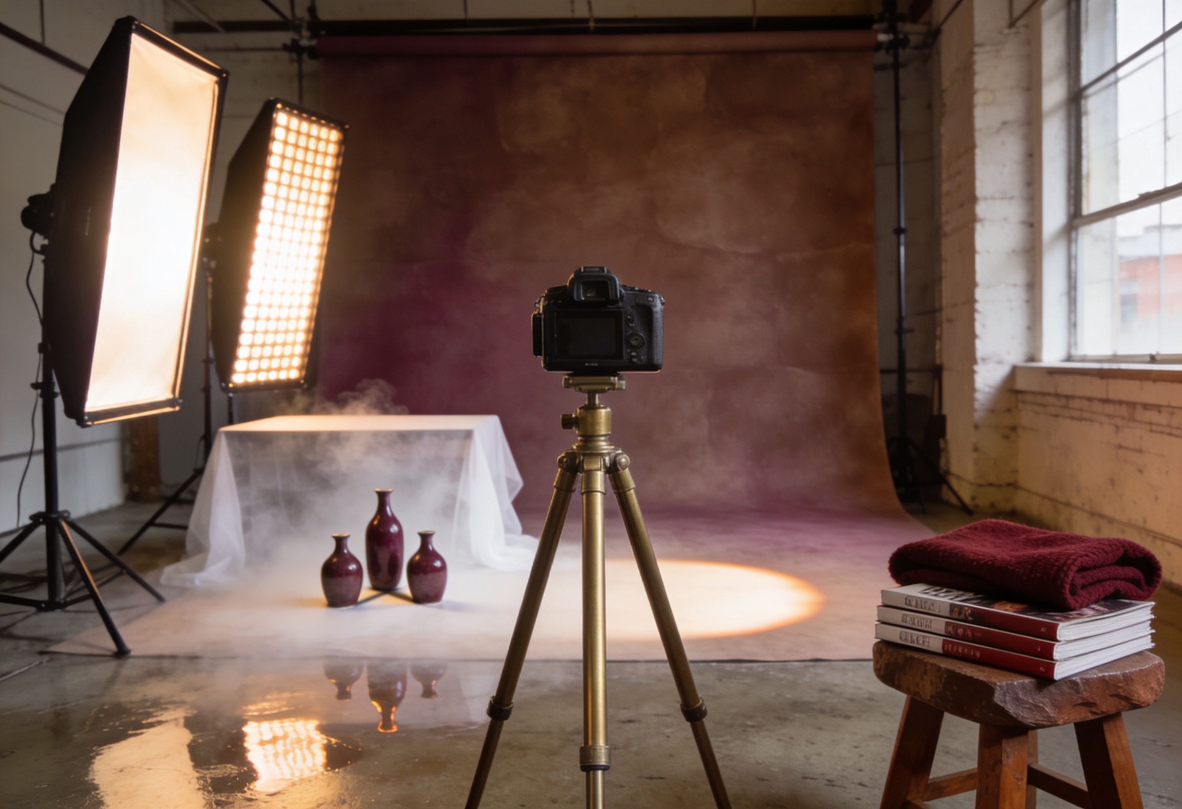 Editöryel içerik üretim seti, tripod ve LED panel ile aydınlatılmış stüdyo