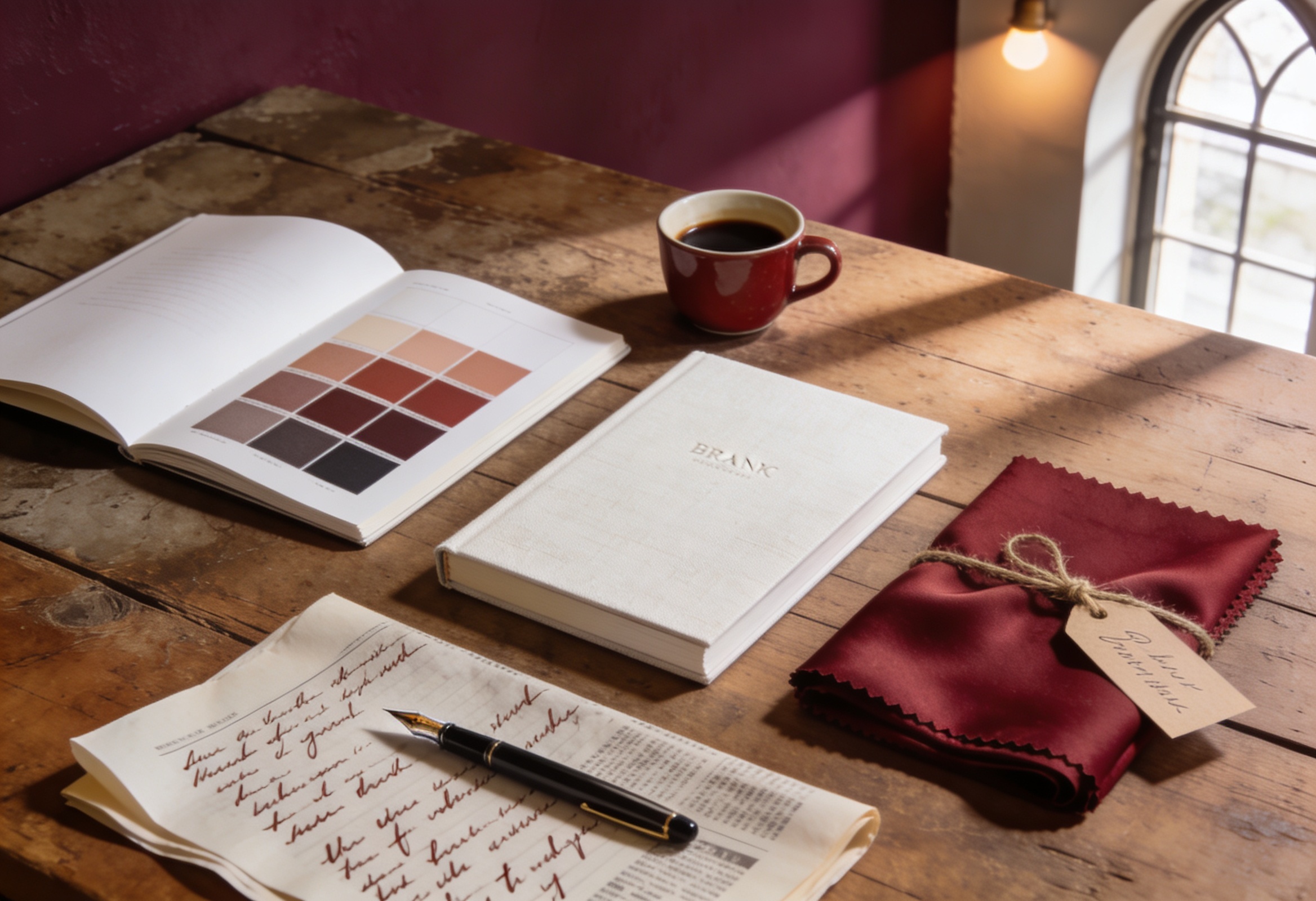 Stüdyo masasında brand book, ipek kumaş örneği ve seramik espresso fincanı