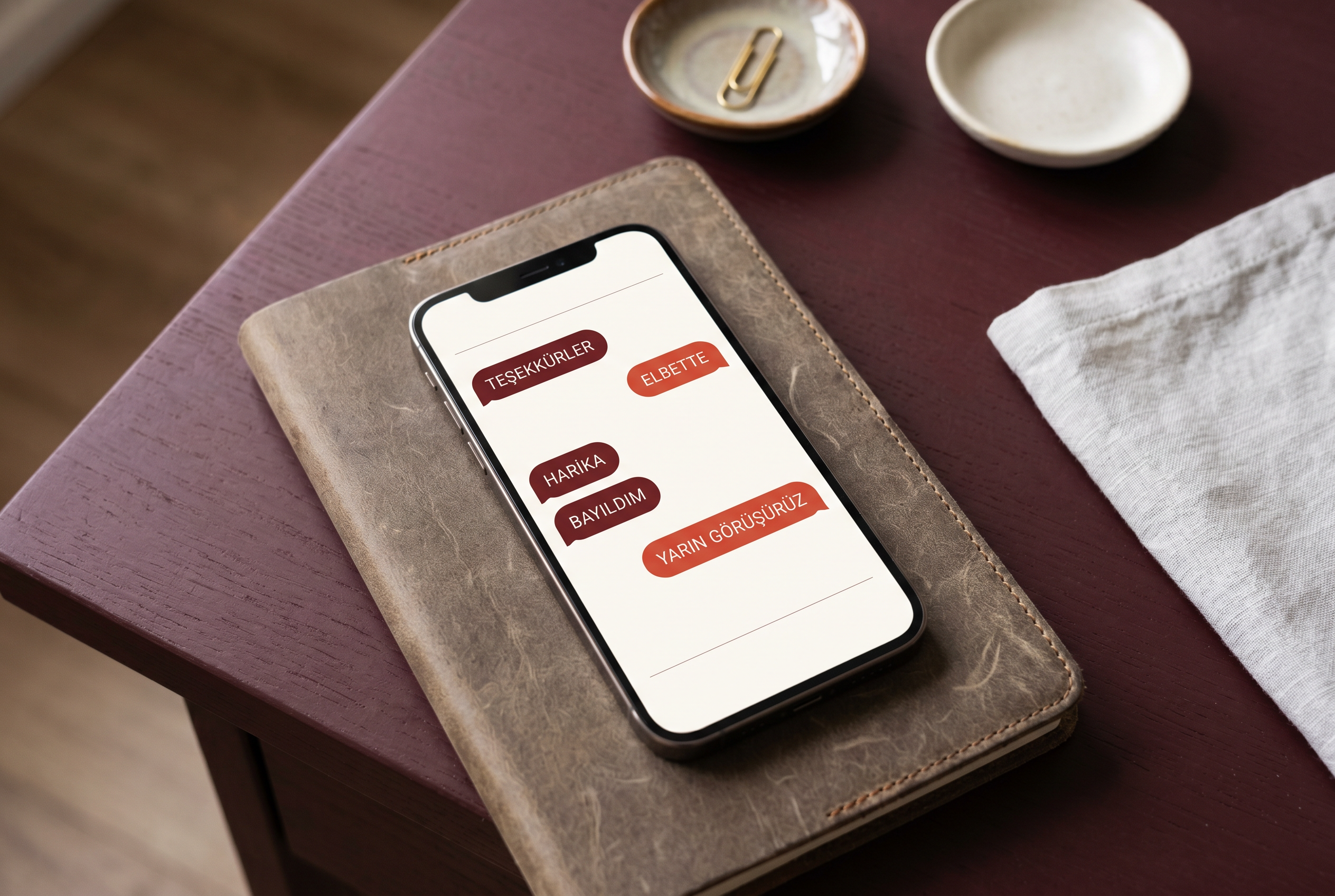 Deri defter üzerinde Türkçe mesajlaşma arayüzü gösteren akıllı telefon